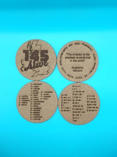 Amateur radio themed laser engraved cork coaster collection set of four