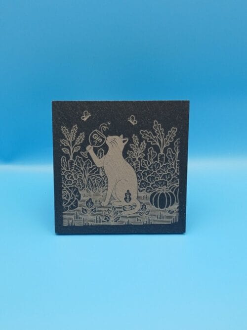 Elegant gin cat engraved natural slate drinks coaster 100mm square
