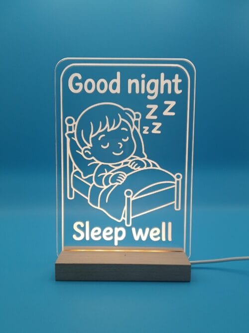 Good night child’s illuminated acrylic night light glowing softly
