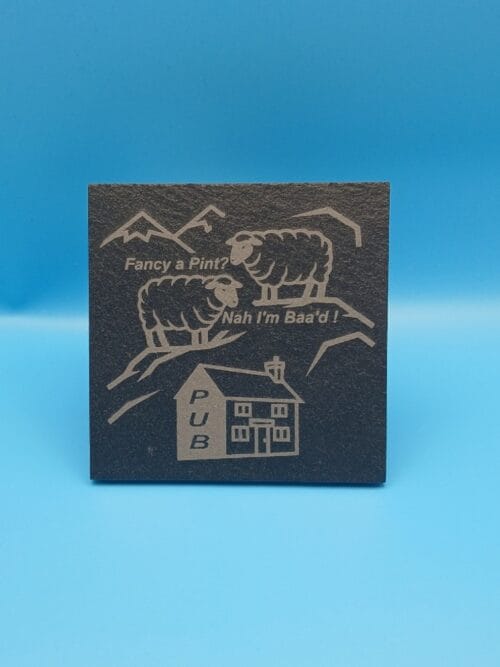 Amusing sheep engraved natural slate drinks coaster 100mm square